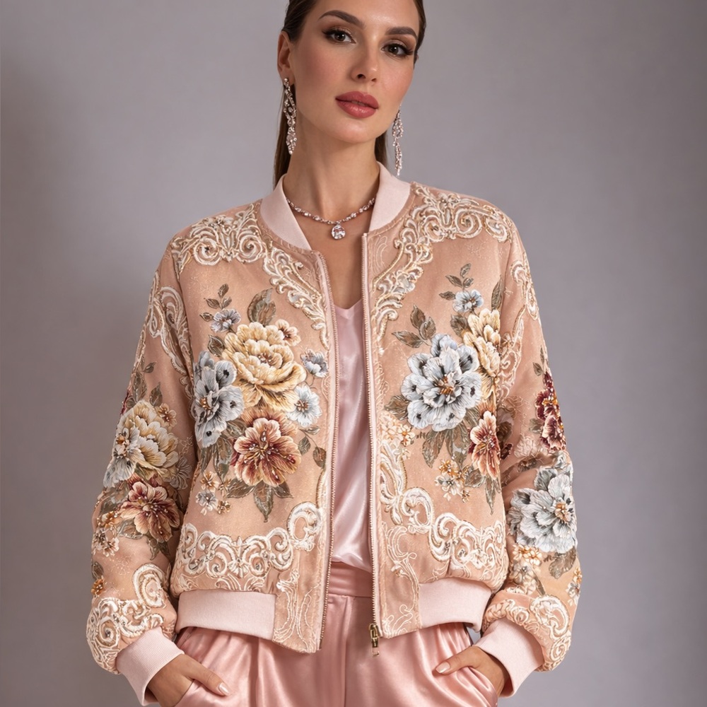 Gorgeous Romantic Embellished Rose Bomber Jacket The Luyzah - Picture 1 of 16